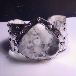 Dendritic Opal Stamped 925 Sterling Silver Cuff Bracelet